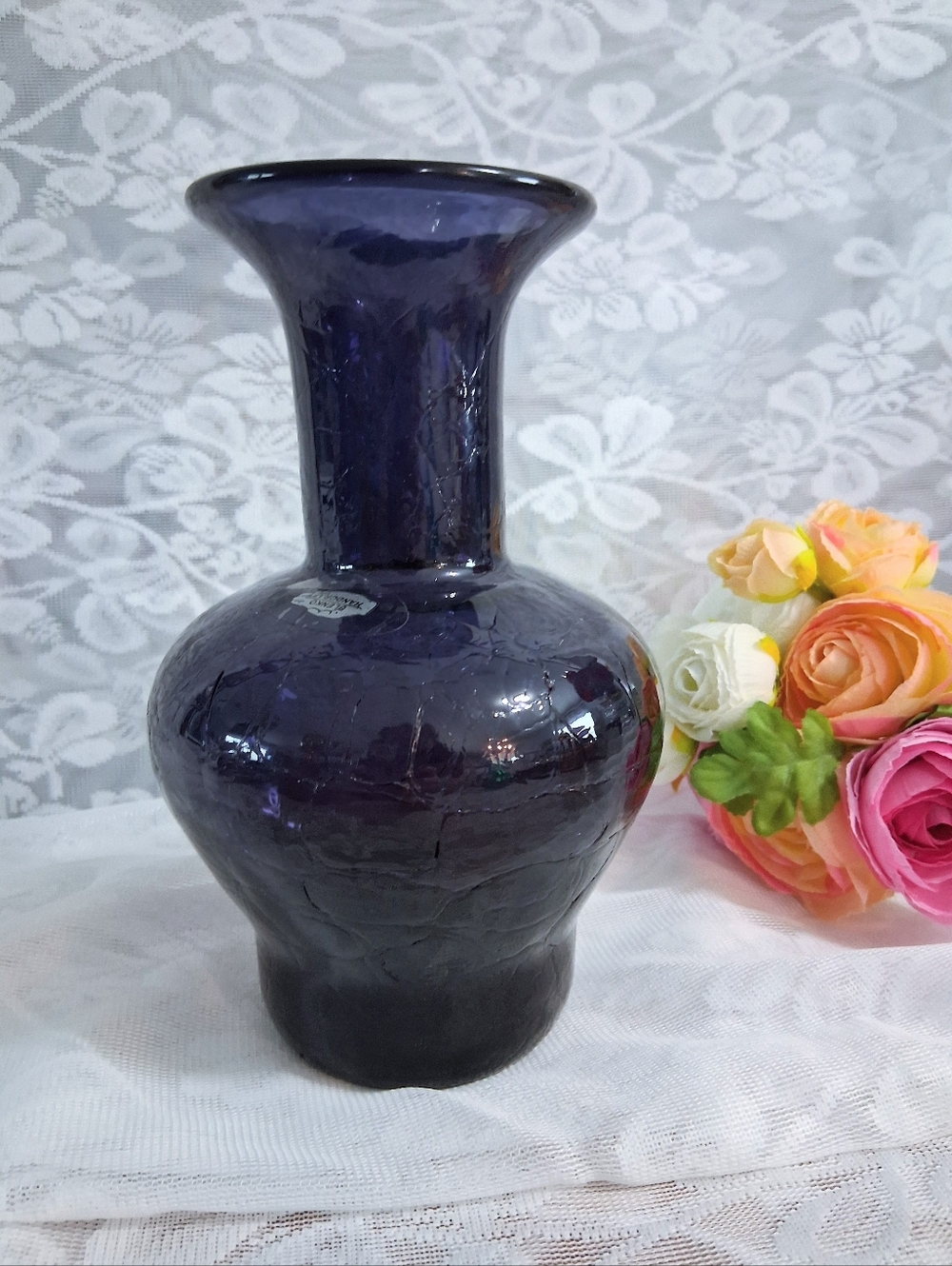 Vintage Blenko Crackle Glass Vase Purple 9604 8.5" Plum